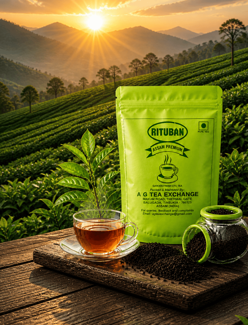 Rituban Assam Premium Tea in a tea garden at sunrise